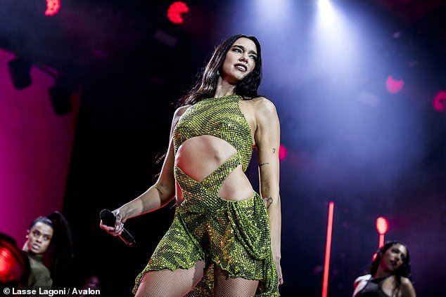 Dua Lipa performing in Denmark in 2022 while in the middle of her Future Nostalgia tour