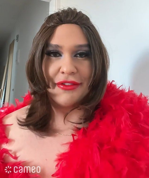 George Santos posted his first Cameo posts dressed as his drag persona Kitara Ravache, wearing red lipstick, a red feather boa and a brown wig