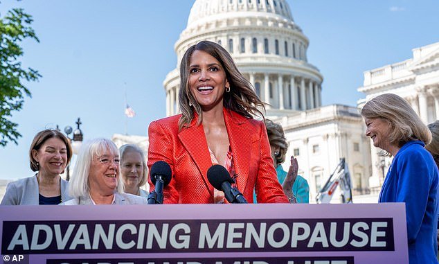 Oscar-winning actress and women's health activist Halle Berry joins female senators as they introduce new legislation to boost federal research into menopause at the Capitol in Washington, D.C., on Thursday