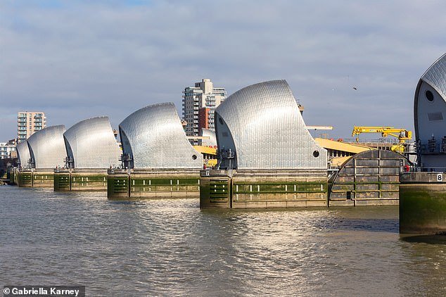 The Thames Barrier is a series of ten steel gates spanning the width of the Thames, which are erected when London is threatened by high tides and storms from the North Sea.