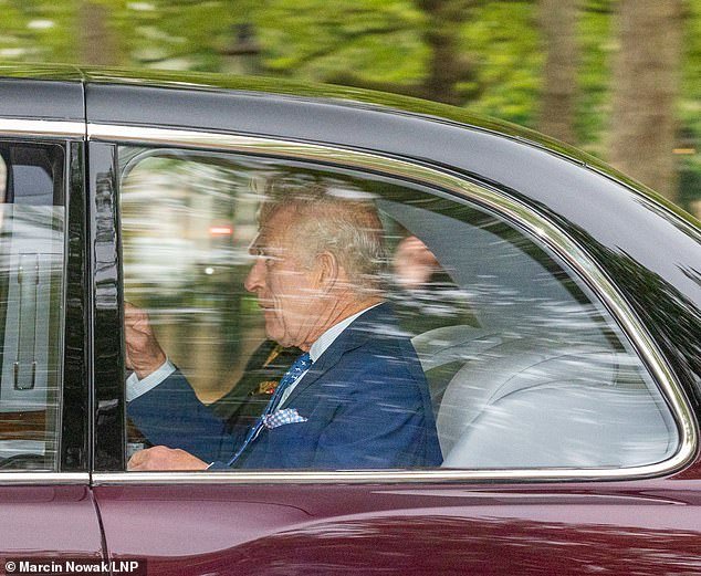 King Charles (pictured today) was seen being evicted from Clarence House on the third straight day of his royal duties