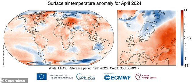 Surface air temperatures this month were 15.03°C - 0.67°C above the 1991-2020 average for April, and 0.14°C above the previous high of April 2016