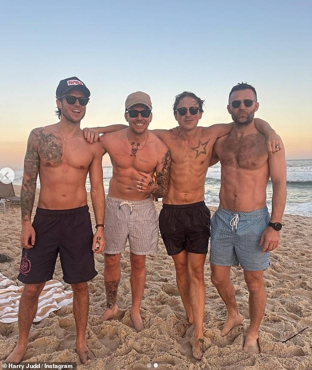 McFly showed off their incredibly ripped physiques and showed off their LOTS of abs during a beach day in Rio after wrapping up Brazilian shows earlier this week (Dougie Poynter, Danny Jones, Tom Fletcher and Harry Judd LR)