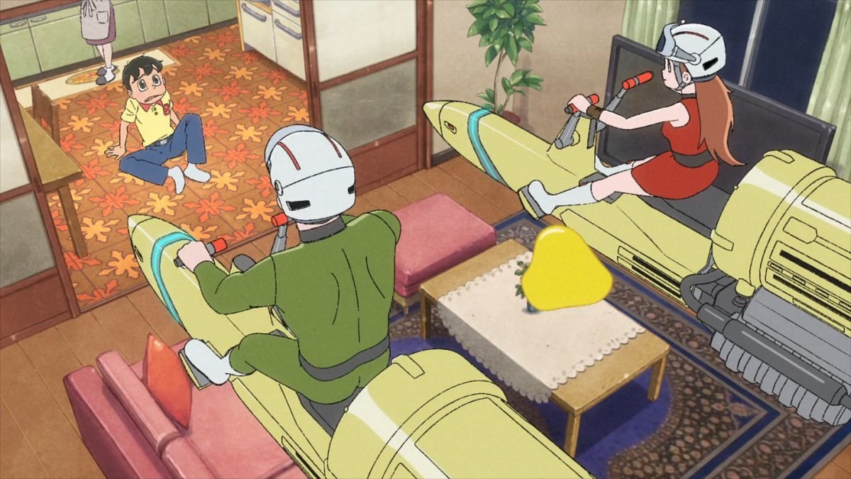 A worried looking anime boy staring at a man and woman in futuristic uniforms sitting on some futuristic vehicles floating in a living room in Time Patrol Bon.