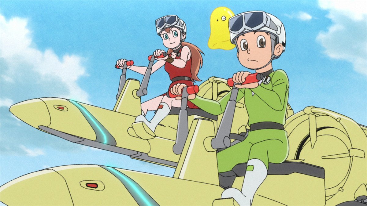 An anime boy and girl in futuristic uniforms sit on two floating futuristic vehicles with a floating yellow creature next to them in Time Patrol Bon.